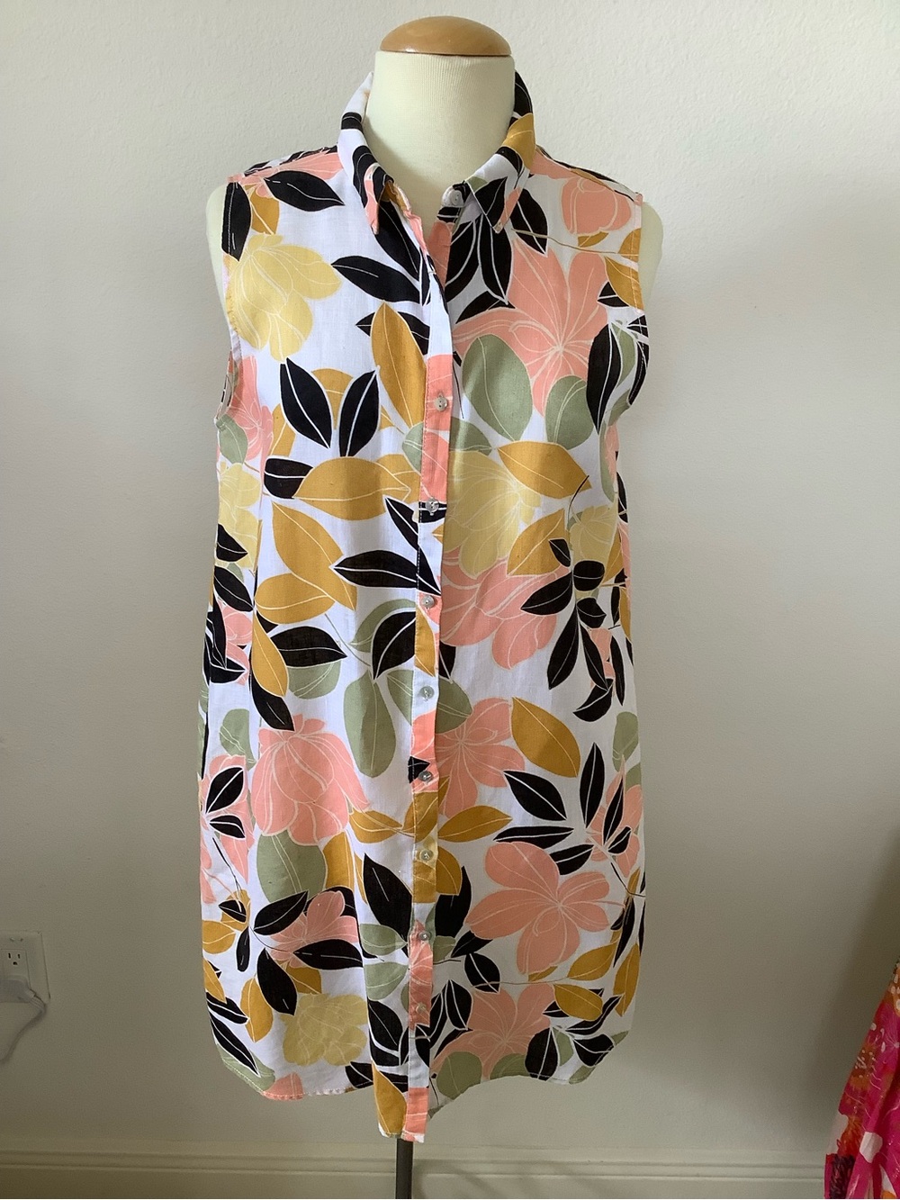 Rachel Zoe Linen Floral Button-Front Dress in Coral, Mustard & Black